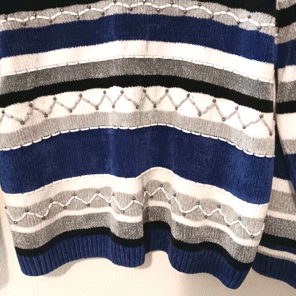 Alfred Dunner Chenille Stripe Beaded Sweater Sz L Blue White Black Gray Crewneck - Picture 3 of 11